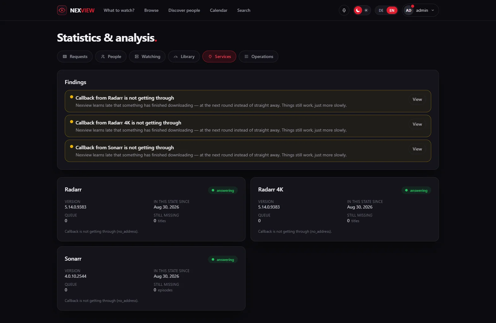 Screenshot: the Services tab with three findings about silent callbacks, below them per instance the version, state, queue and the message verbatim