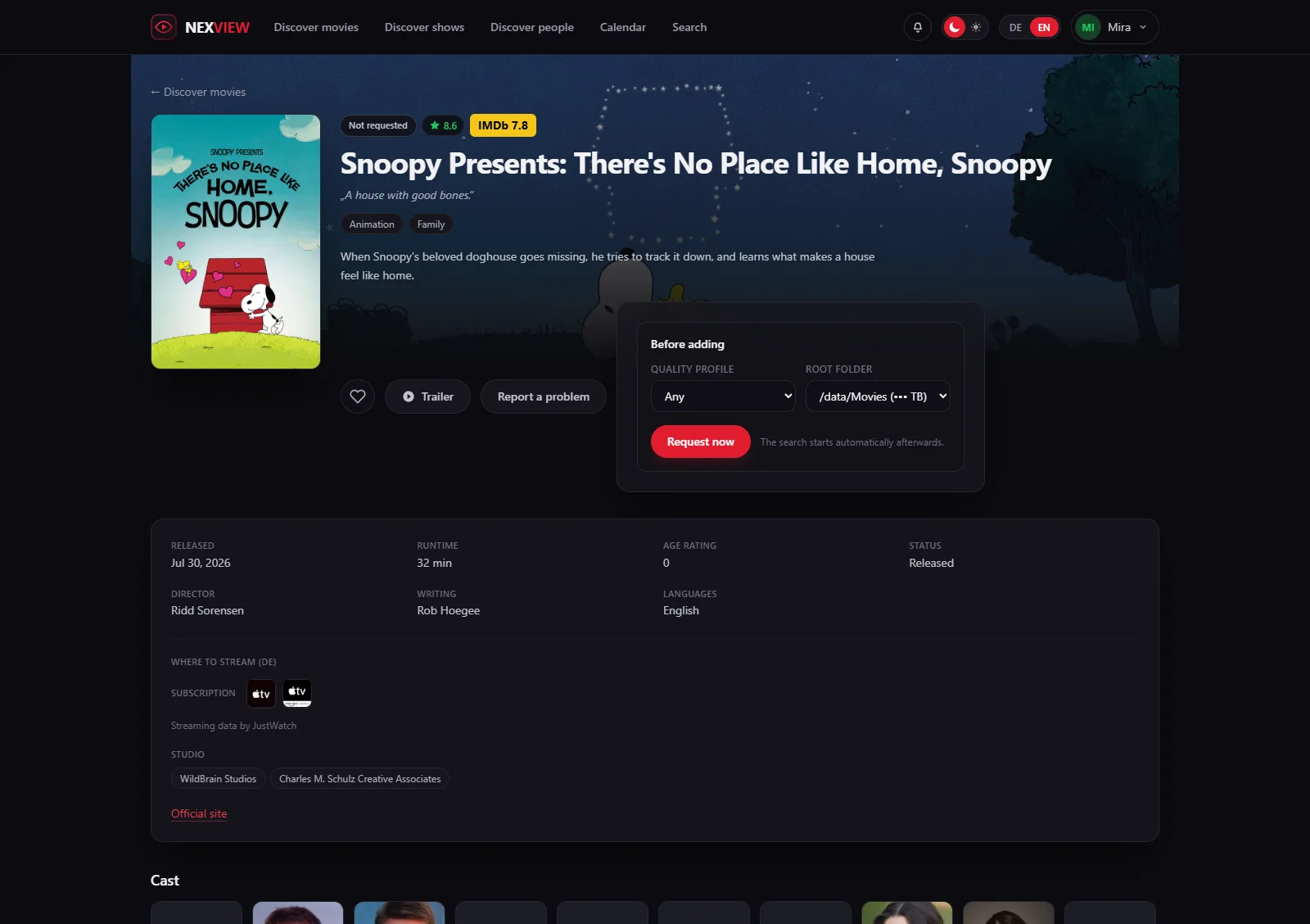 Screenshot: a film's detail page with the request panel open, showing the choice of quality profile and target folder