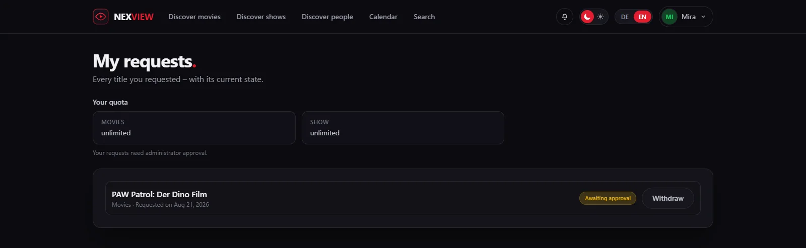 Screenshot: the “My requests” list with state, date and the reader's own quota