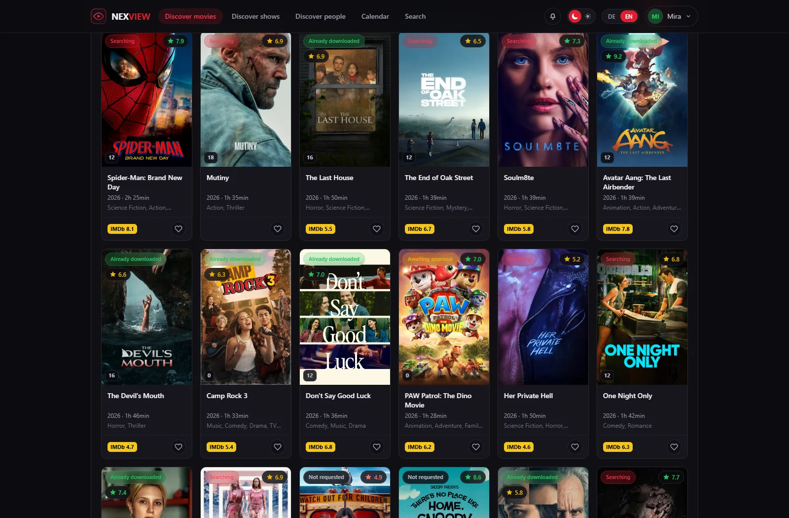 Screenshot: the catalogue's card grid, titles carrying badges such as “searching” and “already downloaded”