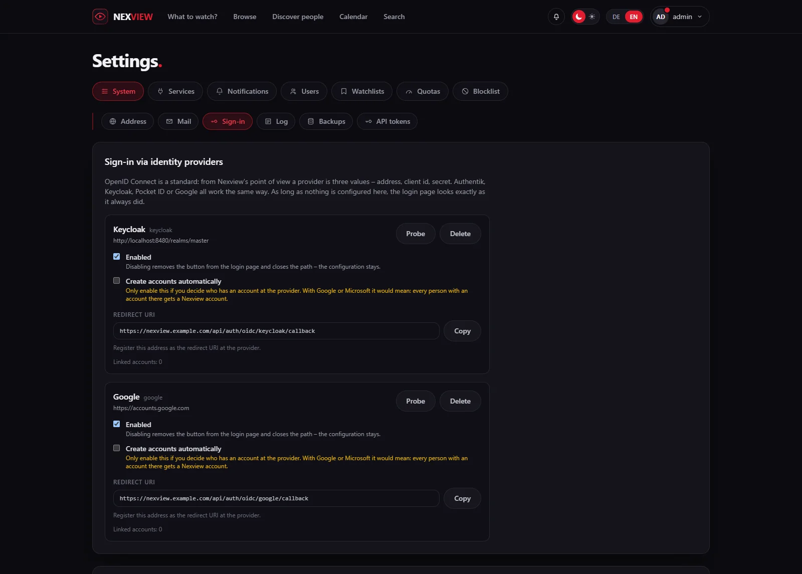 Screenshot: the settings under System → Sign-in with two configured providers, each with address, switches, a redirect URI to copy and the number of linked accounts