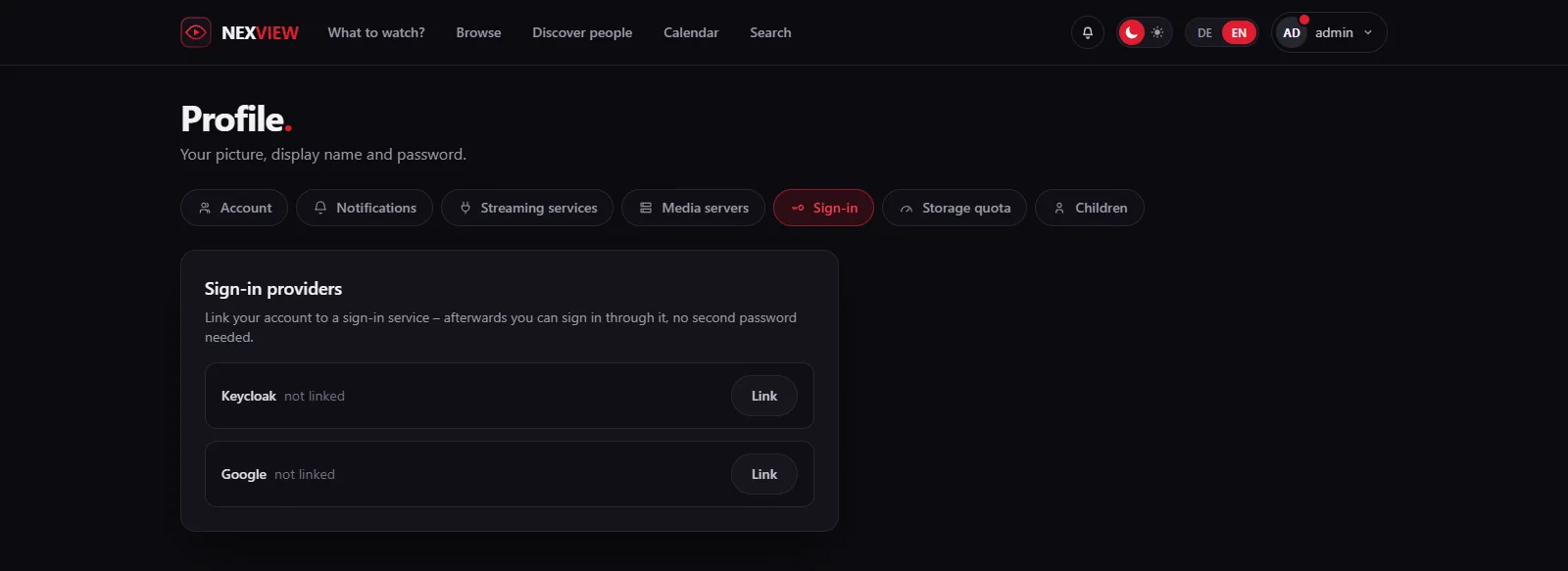 Screenshot: the Sign-in tab in your own profile with two providers, both “not linked”, each with a “Link” button