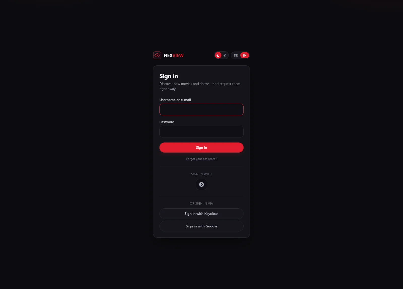 Screenshot: the sign-in page with username, password, below it “sign in with” Plex and “or sign in via” Keycloak and Google
