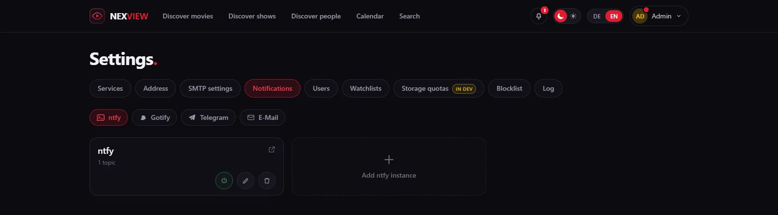 Screenshot: the settings showing tabs for ntfy, Gotify, Telegram and e-mail, with one tile per inbox