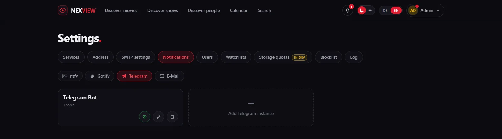 Screenshot: the Telegram tab with the bot instance and the option to add another