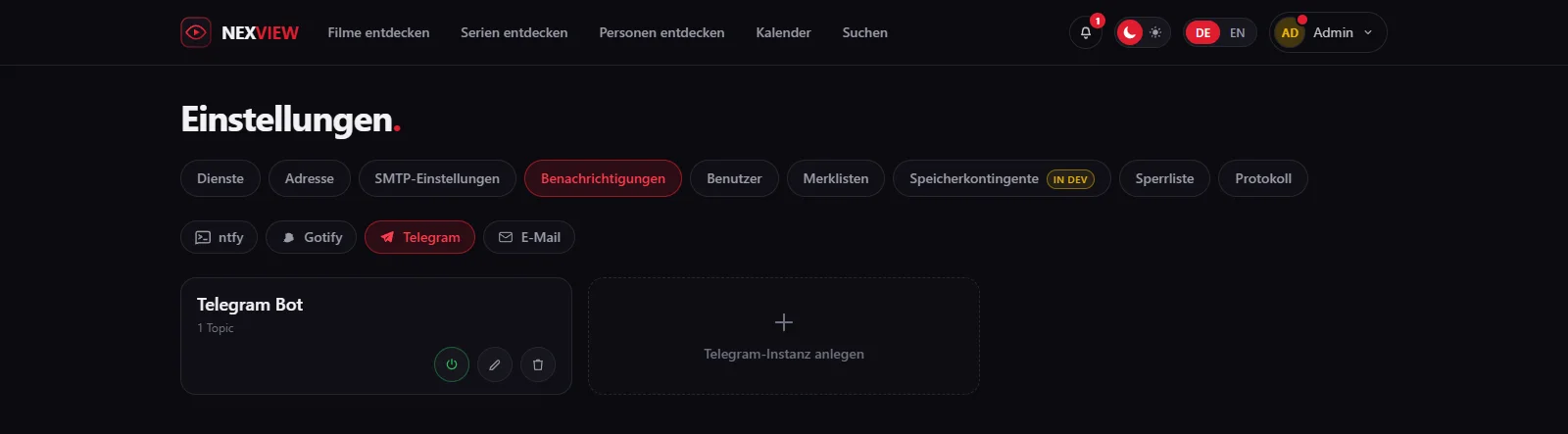 Bildschirmfoto: der Telegram-Reiter mit der Bot-Instanz und der Möglichkeit, weitere anzulegen