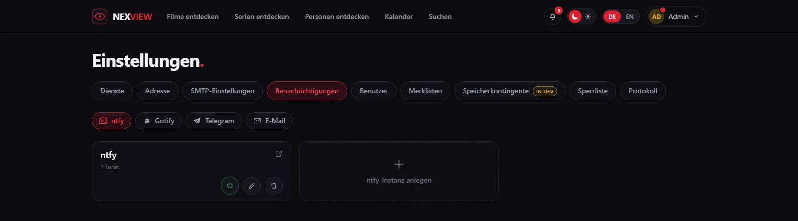 Bildschirmfoto: die Einstellungen mit den Reitern ntfy, Gotify, Telegram und E-Mail sowie einer Kachel je Postfach