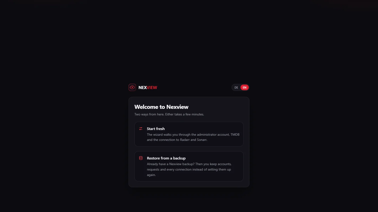 Screenshot: the first step of the setup wizard — the choice between “Start fresh” and “Restore from a backup”