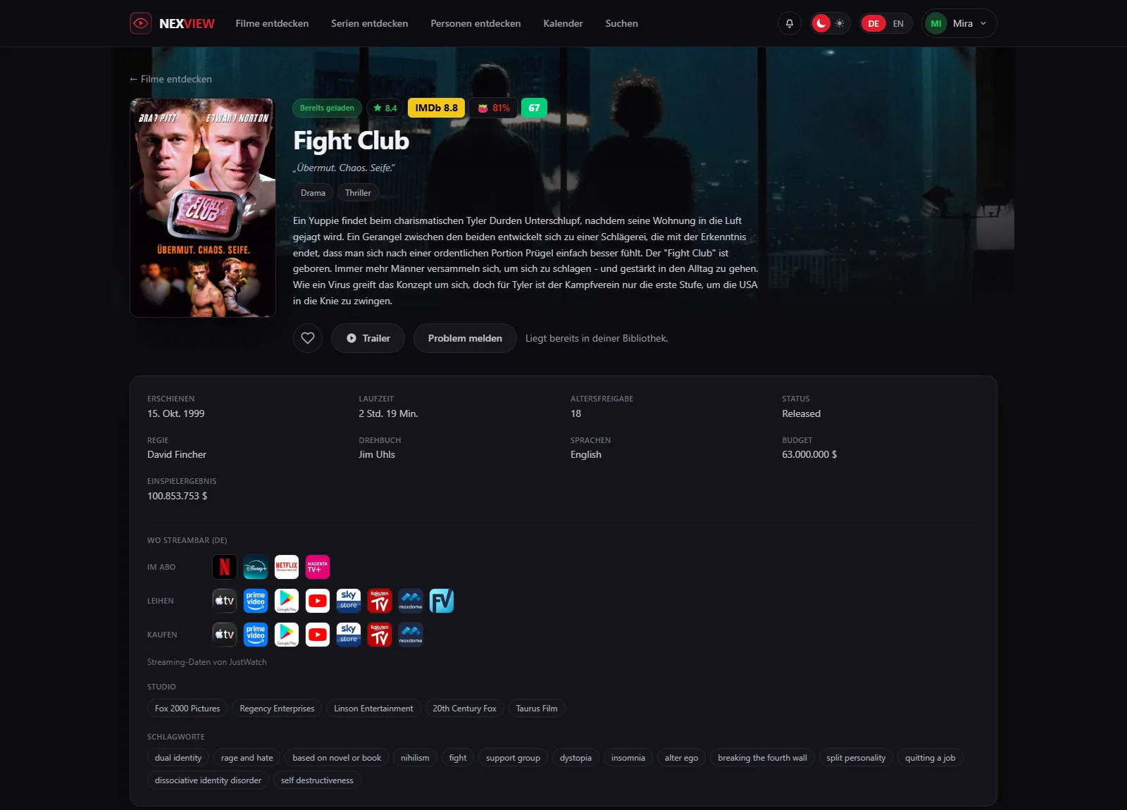 Bildschirmfoto: die Detailseite eines Films mit Bewertungen von IMDb, Rotten Tomatoes und Metacritic, Besetzung und Streaming-Anbietern