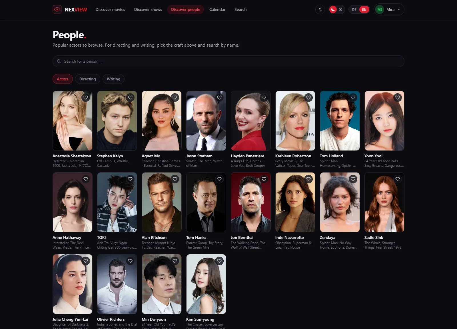 Screenshot: the people section with photos of actors, directors and writers