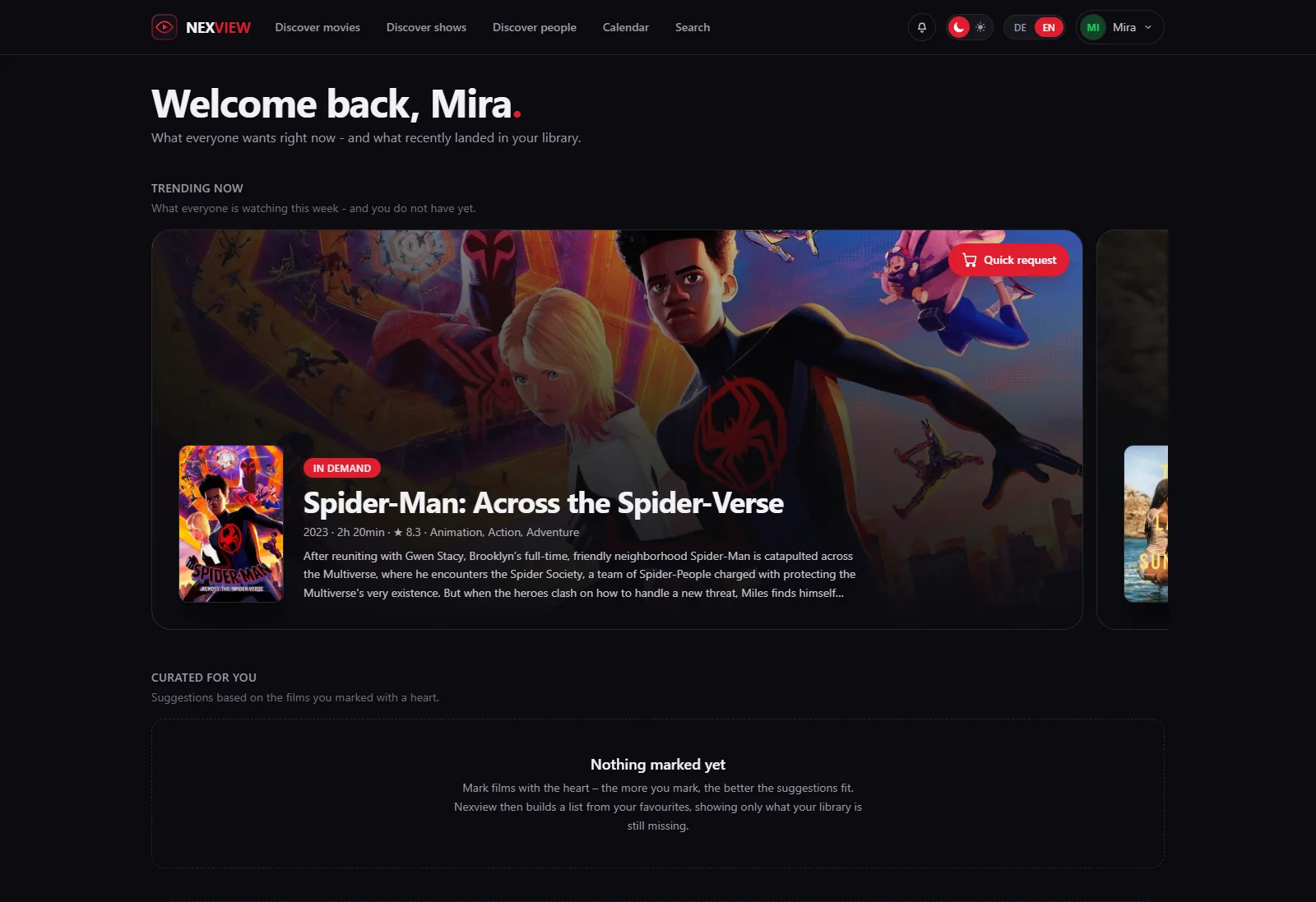 Screenshot: the home page with several recommendation rows