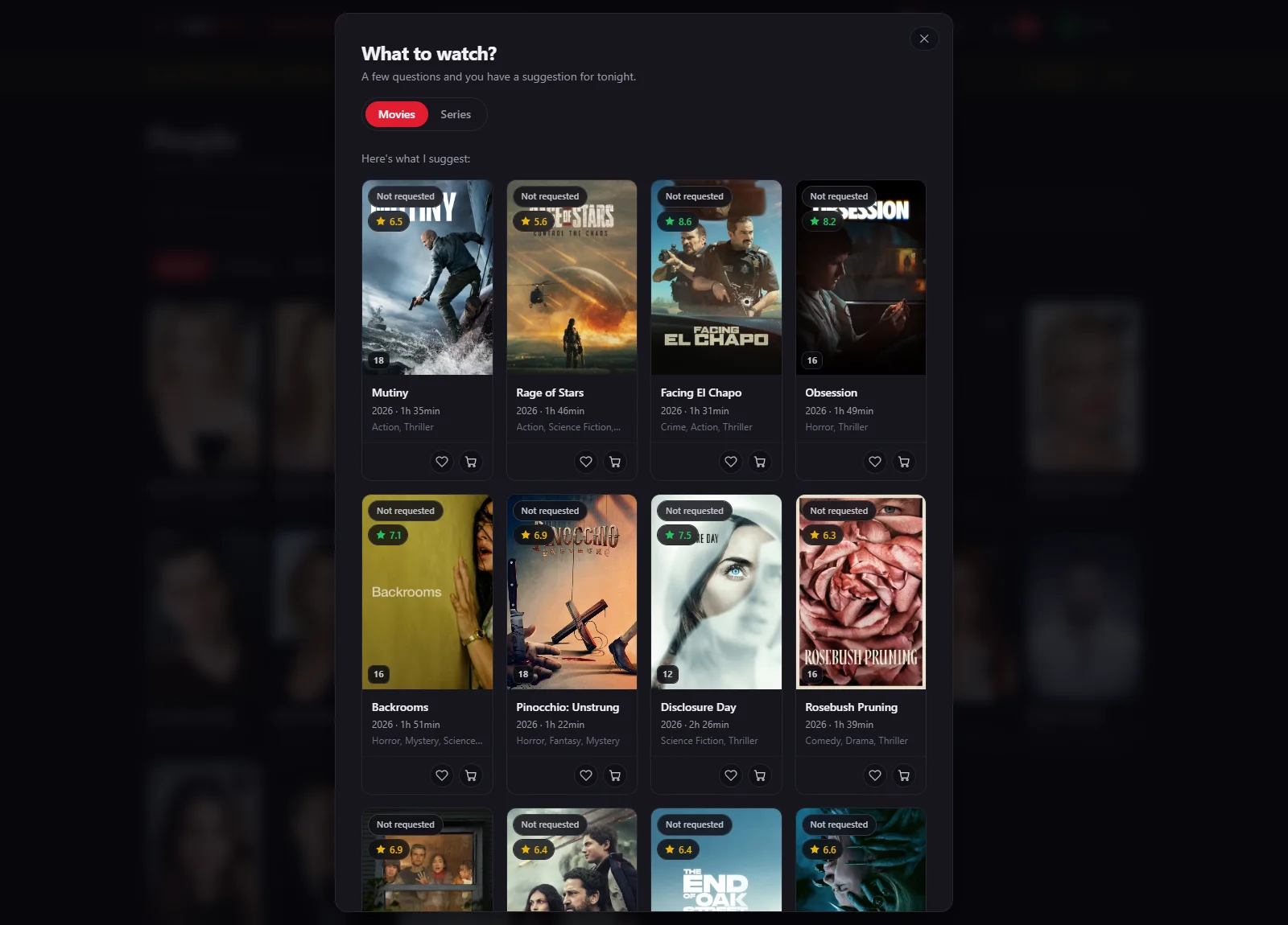 Screenshot: the “What to watch?” window at the end, with twelve suggestions as posters