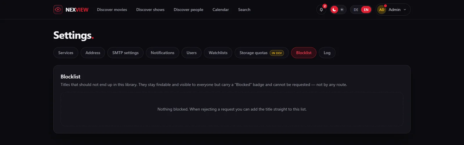 Screenshot: the block list in the settings, where individual titles are exempted from requesting