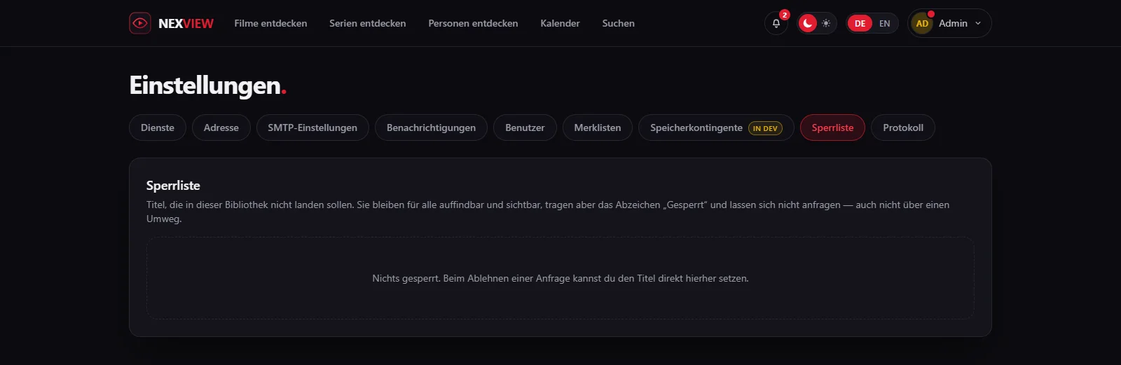 Bildschirmfoto: die Sperrliste in den Einstellungen, in der einzelne Titel vom Anfragen ausgenommen werden