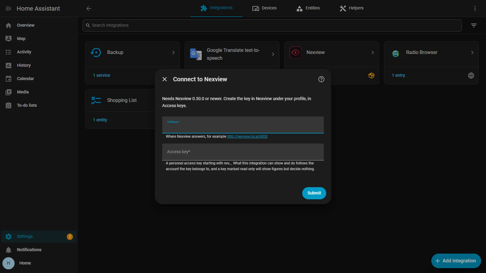 Home Assistant, Devices and services: the dialogue “Connect to Nexview” with the two fields “Address” and “Access key” and a note that Nexview 0.30.0 or newer is needed.