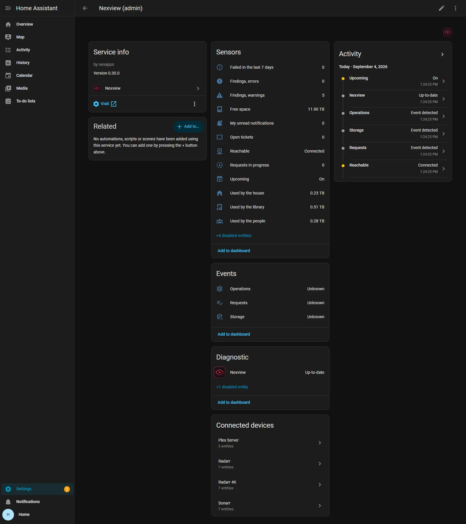 The device page “Nexview (admin)” in Home Assistant with sensors such as “Failed in the last 7 days”, “Findings, warnings”, “Free space” and “Used by the library”, three event entities, the update notice and the connected devices Plex Server, Radarr, Radarr 4K and Sonarr.