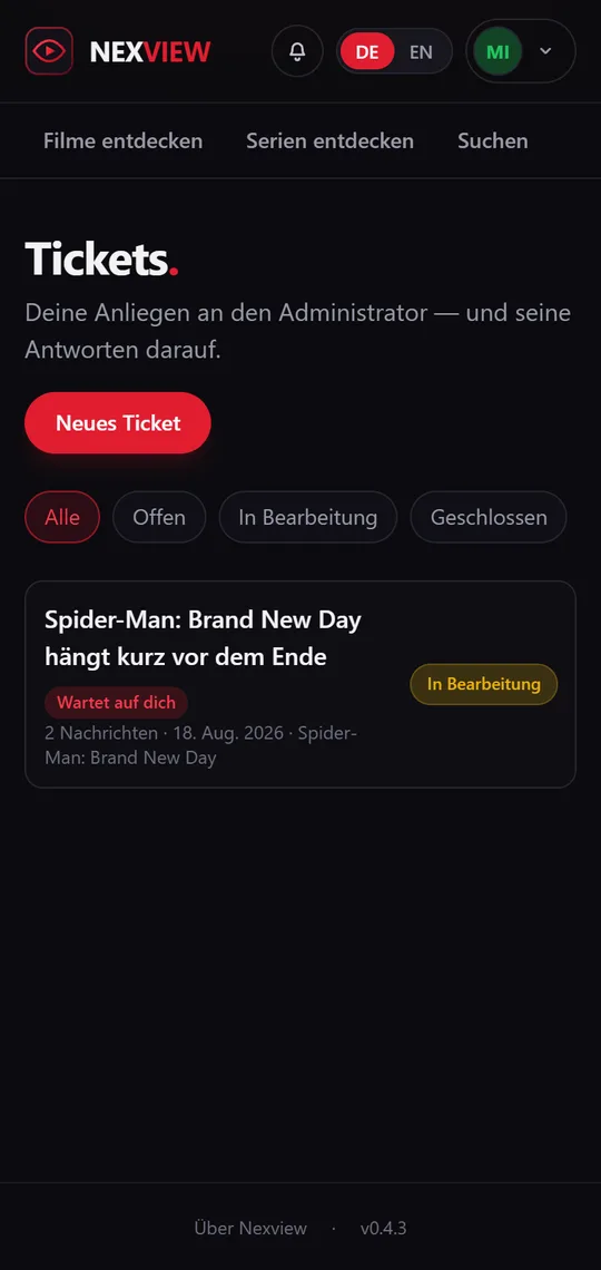 Bildschirmfoto am Telefon: das Ticketcenter mit offenen Anliegen