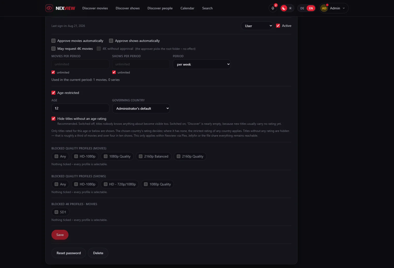 Screenshot: an account's age settings with age limit, governing country and the switch for titles without a rating