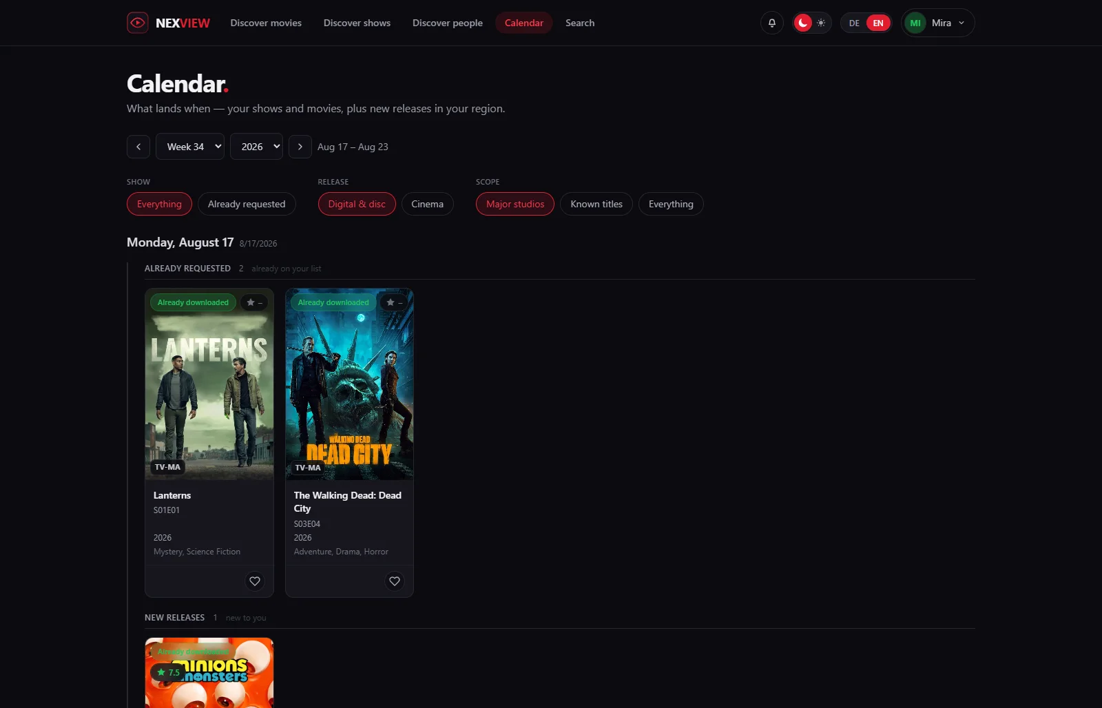 Screenshot: one calendar week grouped by day, with the viewer's own shows on top and new releases below