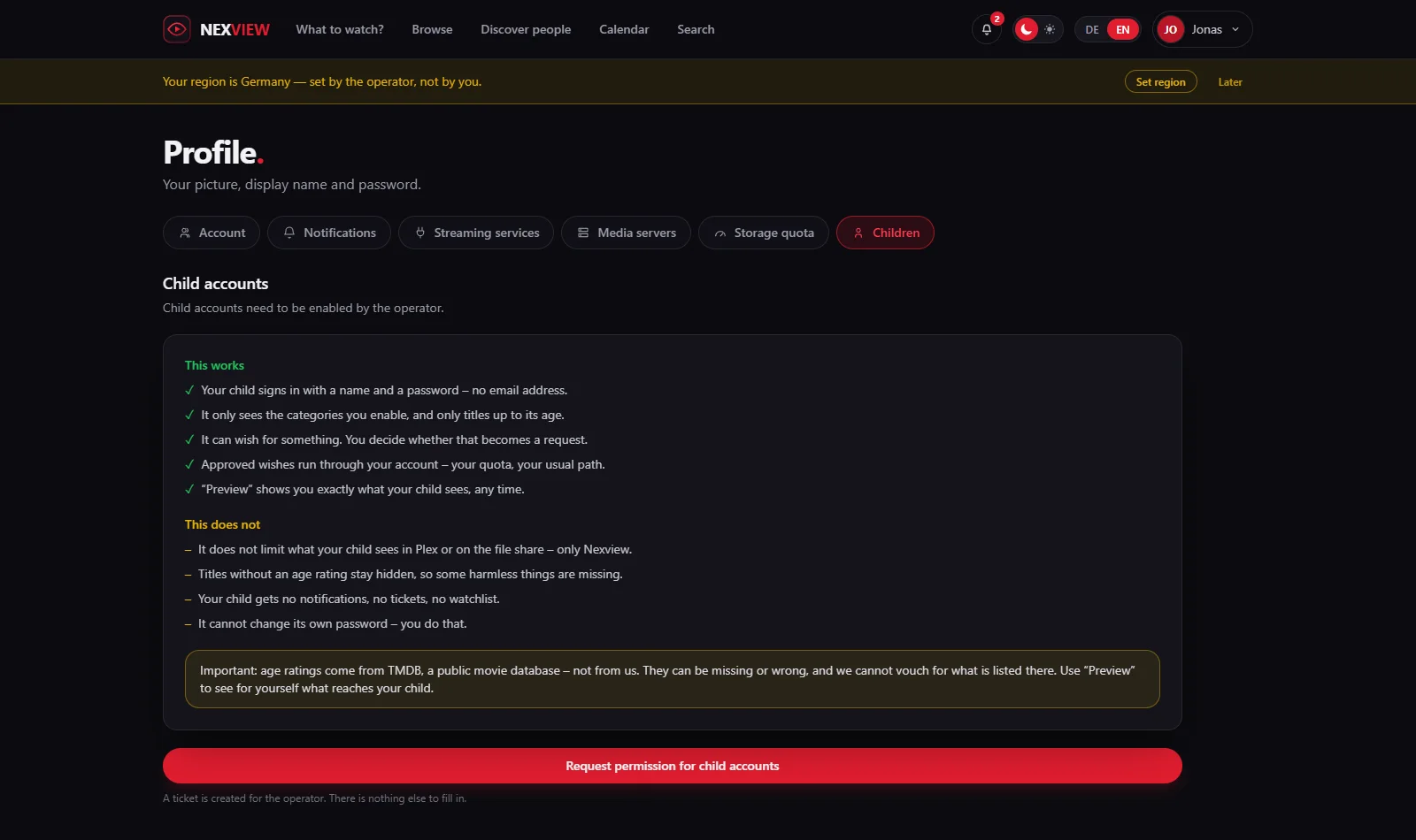 Screenshot: the „Children“ tab without permission — two lists, „This works“ and „This does not“, below them a yellow note about where age ratings come from and the button „Request permission for child accounts“