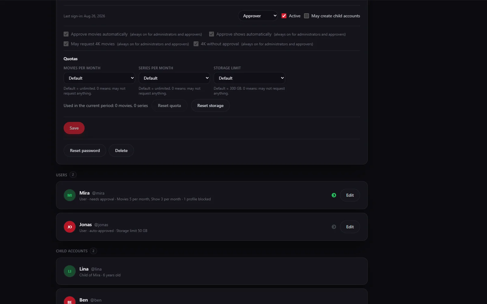 Screenshot of user management: Mira's expanded account with the ticked „May create child accounts“ box, below it the separate „Child accounts“ group with Lina and Ben, each marked „child of Mira“
