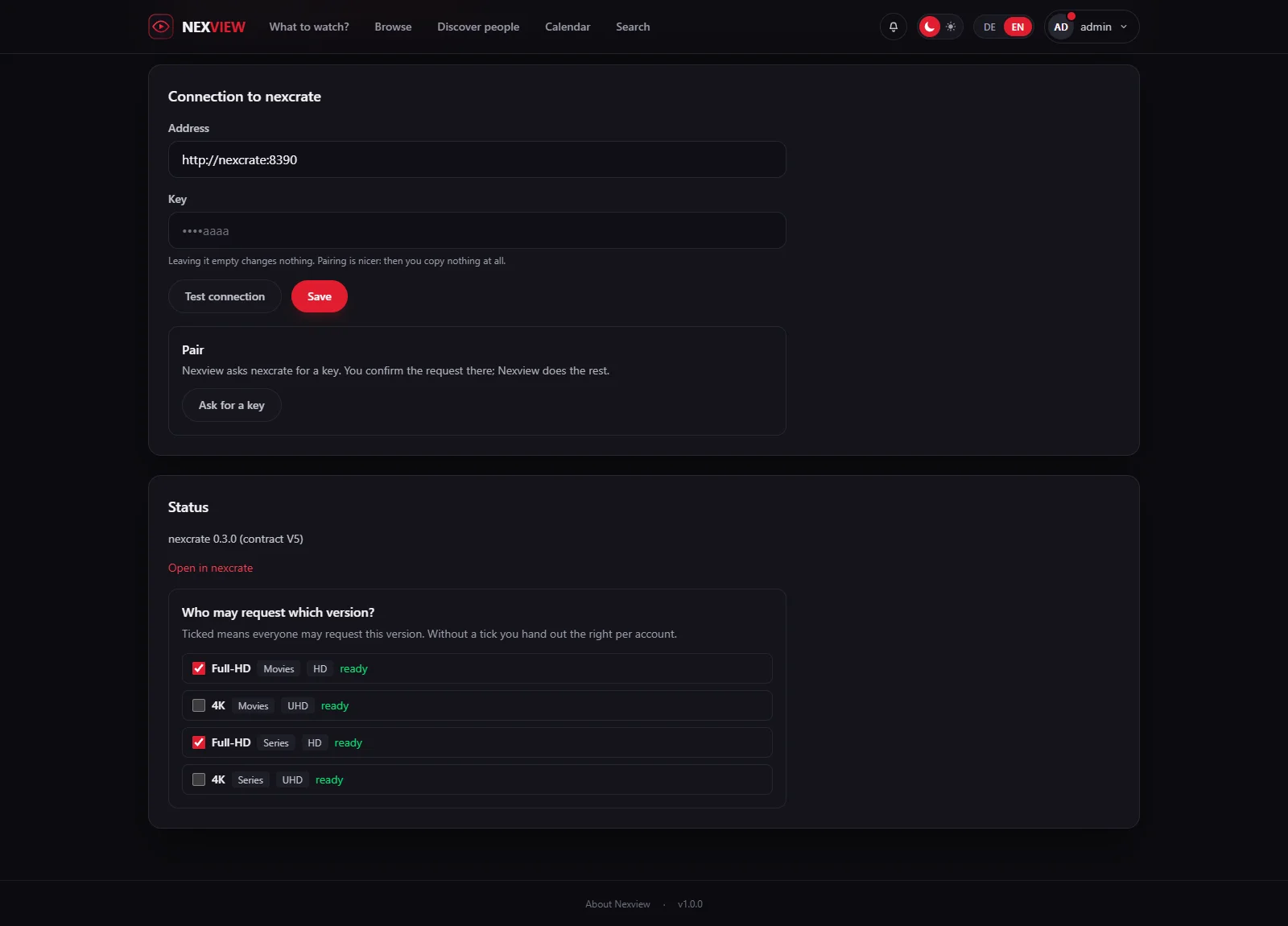 Screenshot: the nexcrate connection on the services page with its status and the list “Who may request which version?”