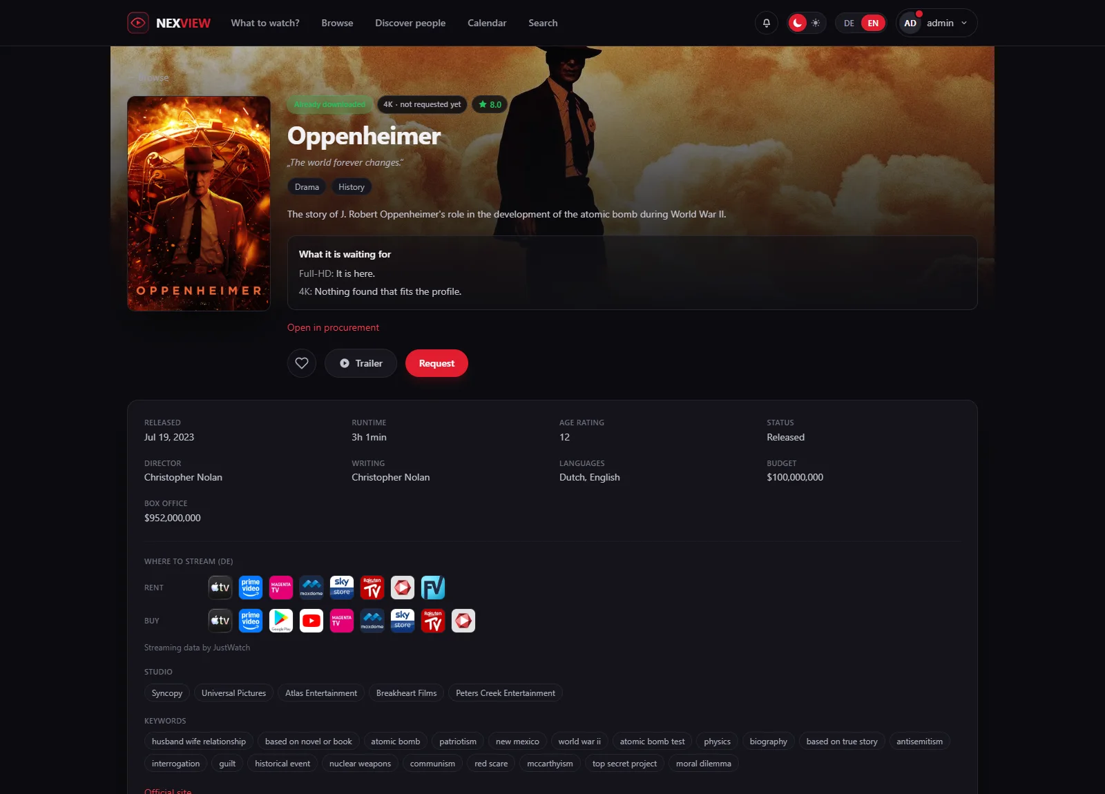 The page of the film Oppenheimer with the box “What it is waiting for”: Full-HD is here, for 4K nothing was found that fits the profile. Below it the link “Open in procurement”.