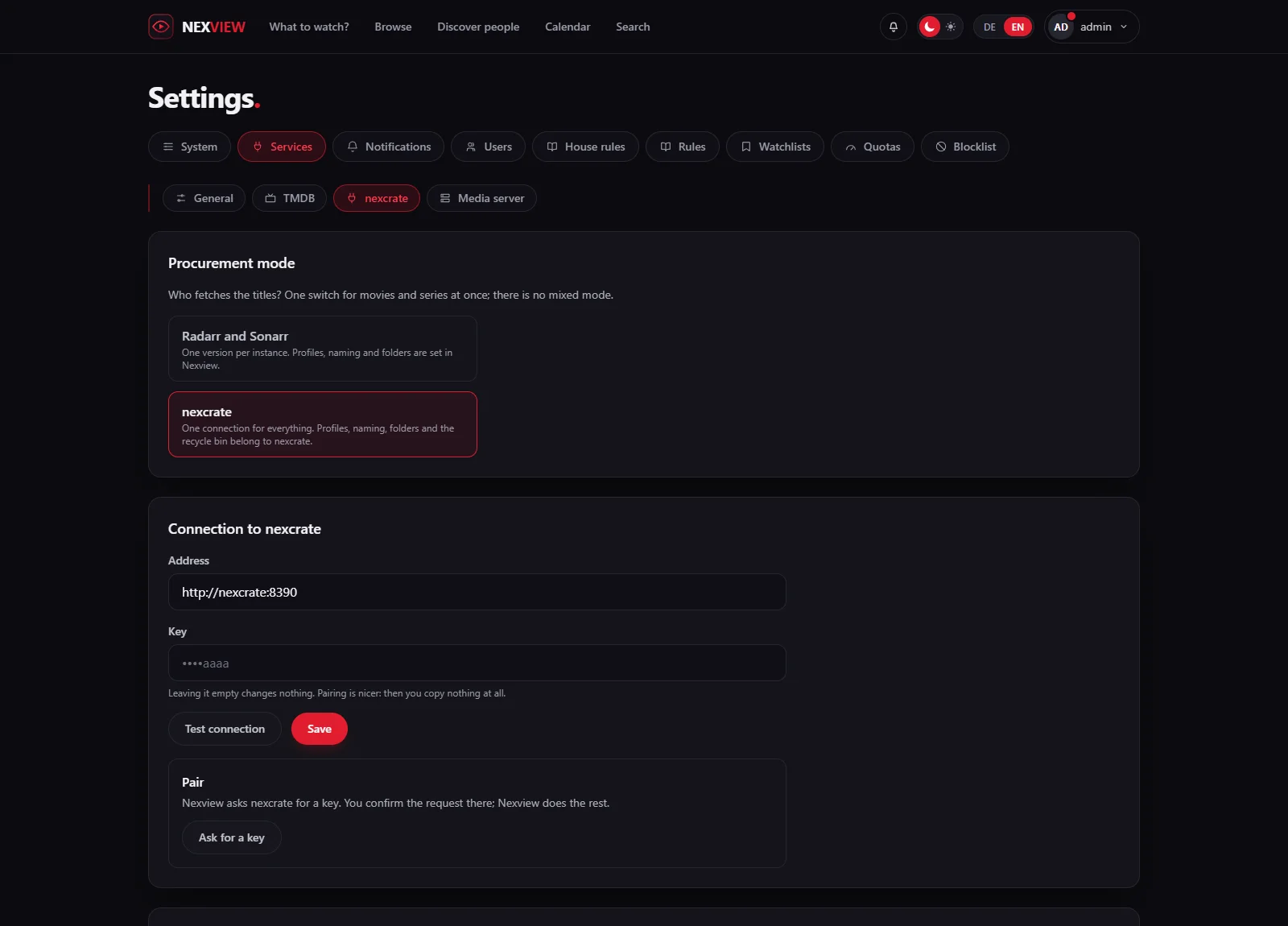 Settings › Services › nexcrate: at the top the procurement mode with the two cards “Radarr and Sonarr” and “nexcrate”, below it the connection with address and key and the “Pair” box with the button “Ask for a key”.