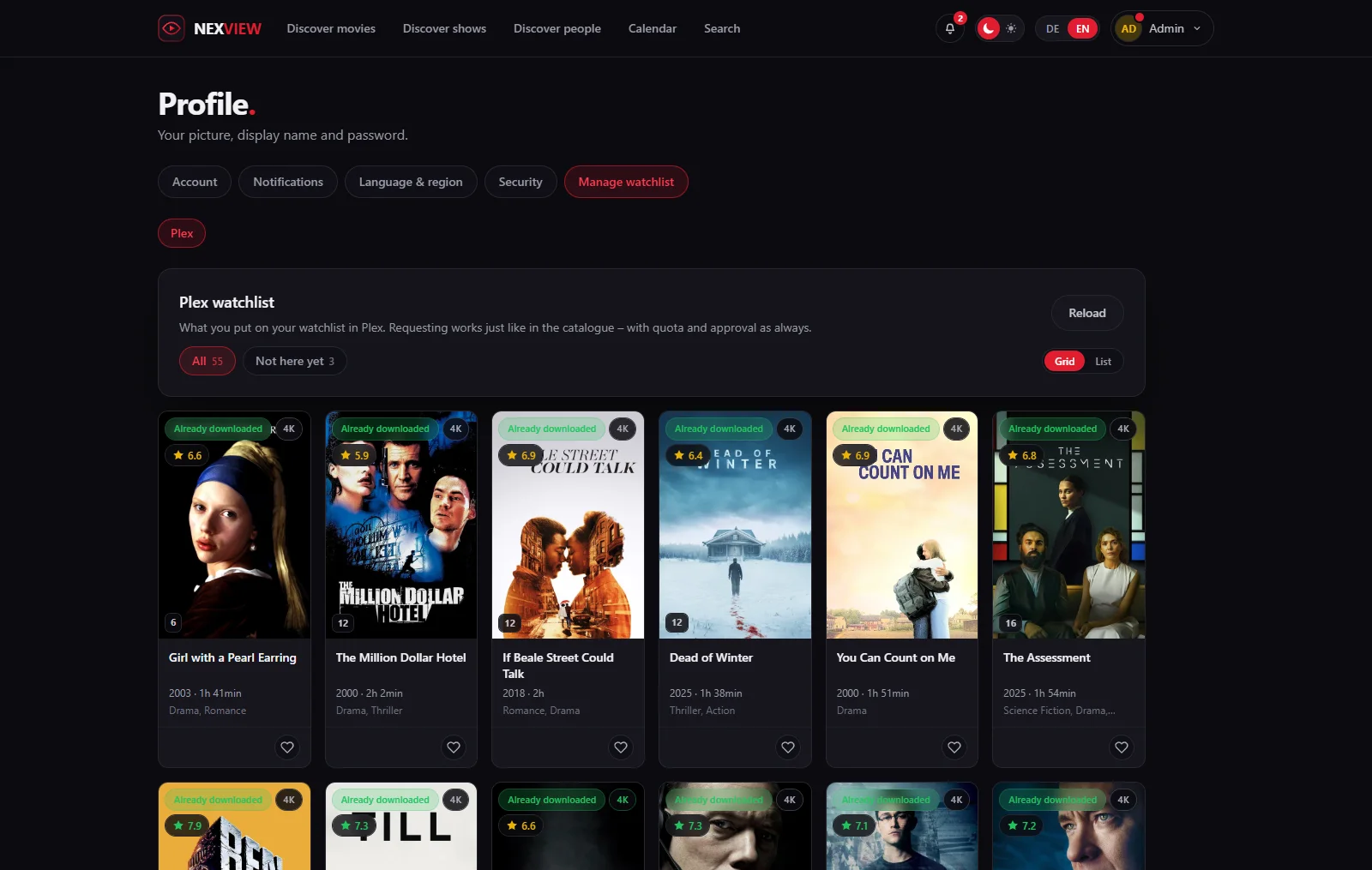 Screenshot: the Plex watchlist inside Nexview, as a card grid with badges for titles already downloaded