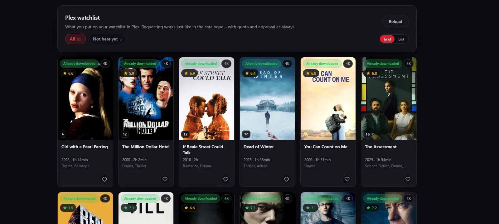 The Plex watchlist in Nexview as a grid of film tiles, with the filters “All” and “Not here yet” above and the badge “Already downloaded” on most tiles.