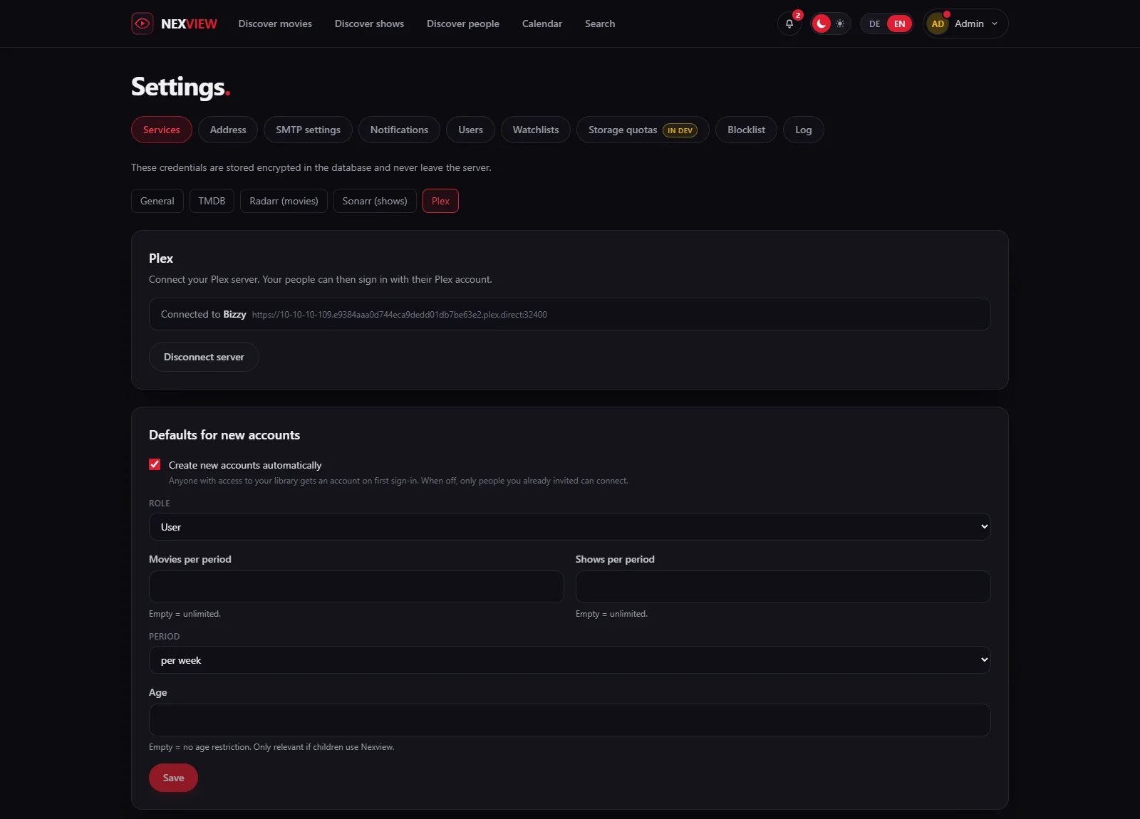 Screenshot: the Plex settings with the connected server