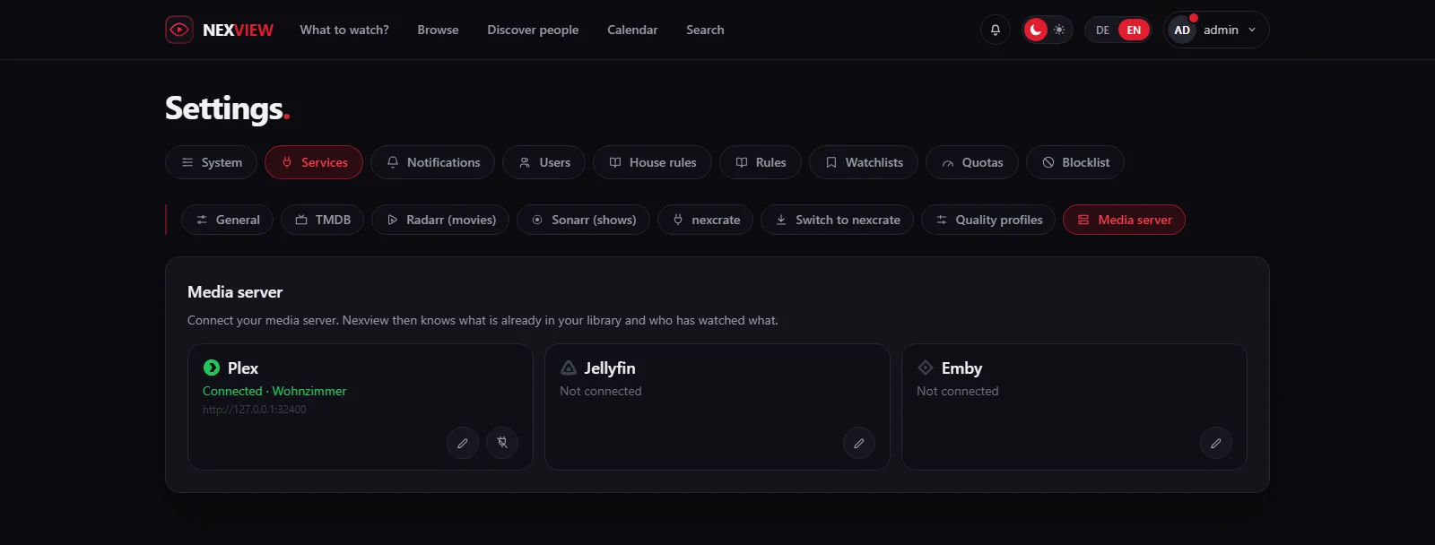 Settings › Services › Media server with tiles for Plex, Jellyfin and Emby. Plex is connected, Jellyfin and Emby are not connected.