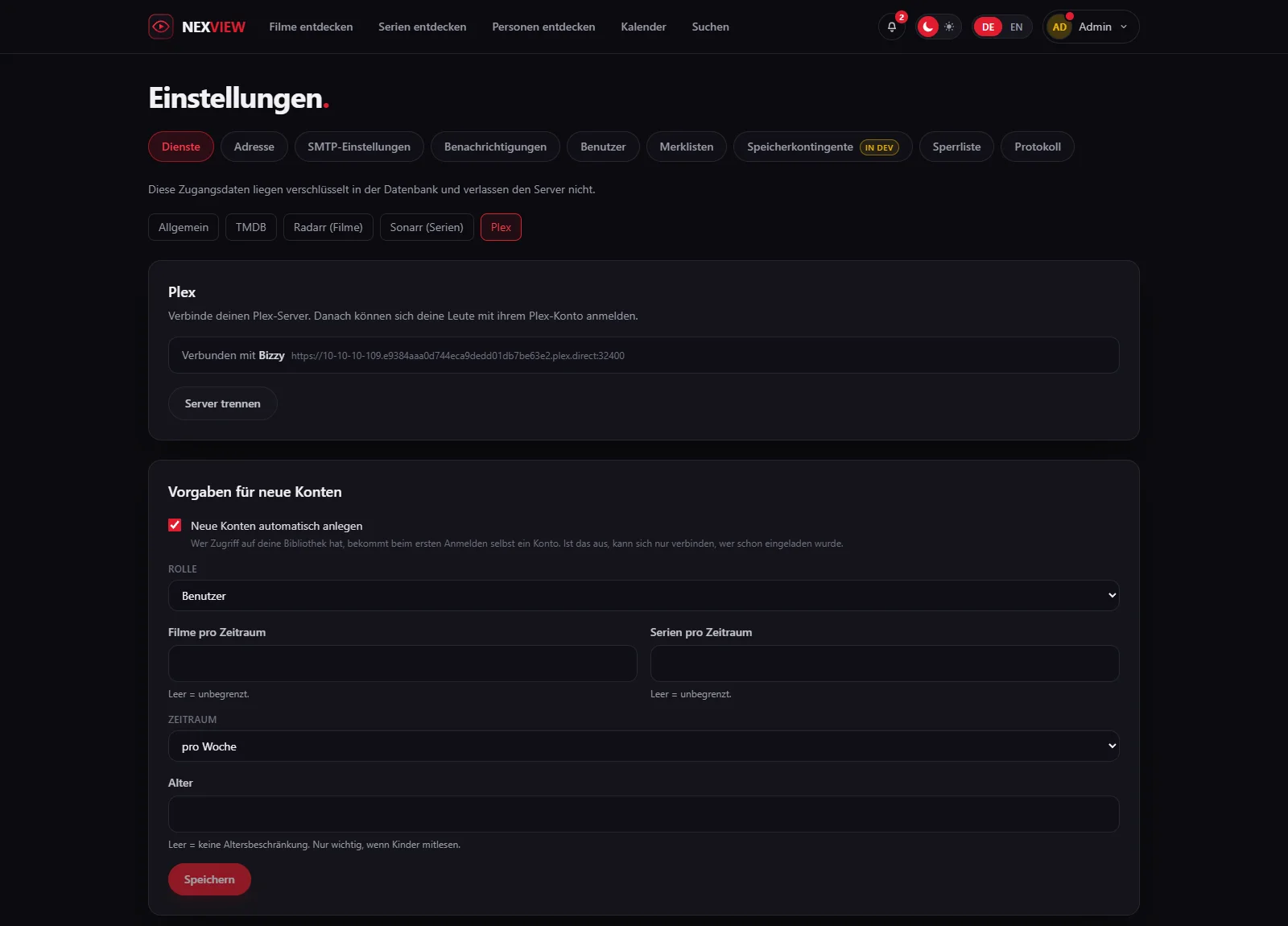 Bildschirmfoto: die Plex-Einstellungen mit dem verbundenen Server
