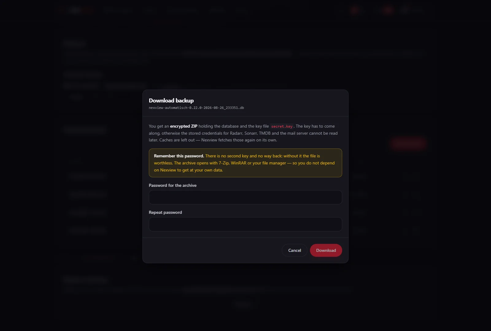 Screenshot: the dialogue for downloading a backup — it names the database and secret.key as the contents and warns that there is no replacing the password