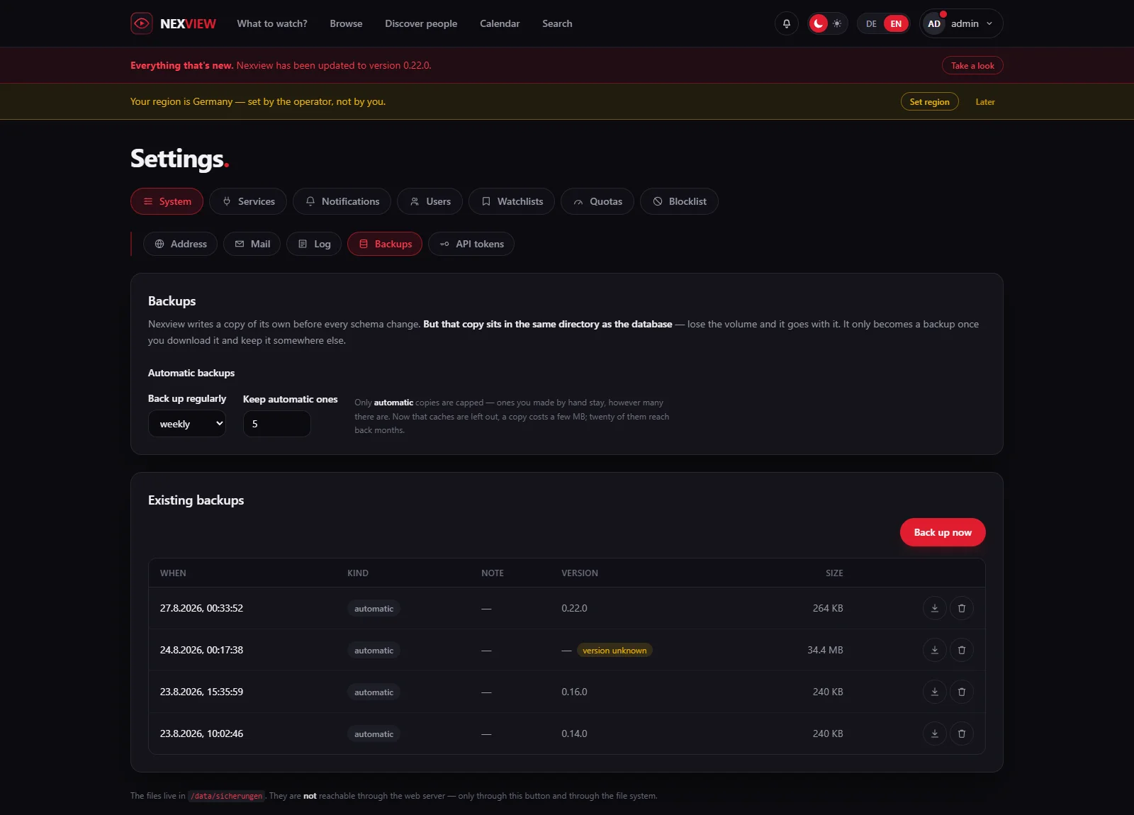 Screenshot: the Backups tab with the schedule for automatic backups, how many copies are kept, and the list of existing backups