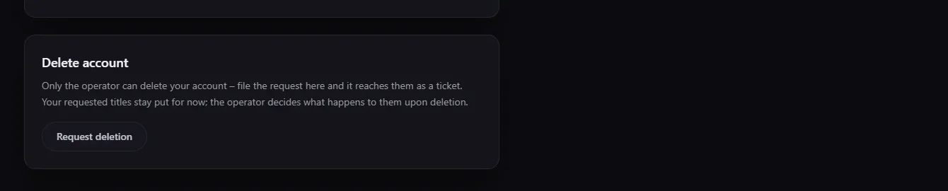 Screenshot: the Delete account card in the profile's security tab with the Request deletion button