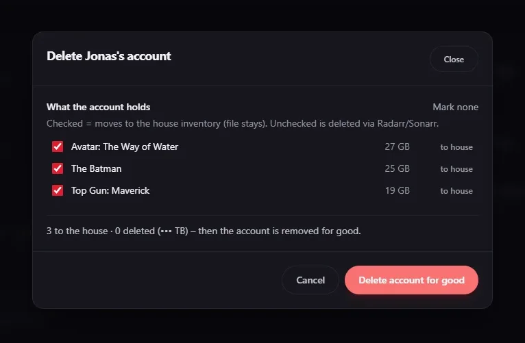 Screenshot: the dialog when deleting an account — a checkbox per title for to the house, below it the summary of how much goes to the house and how much is deleted