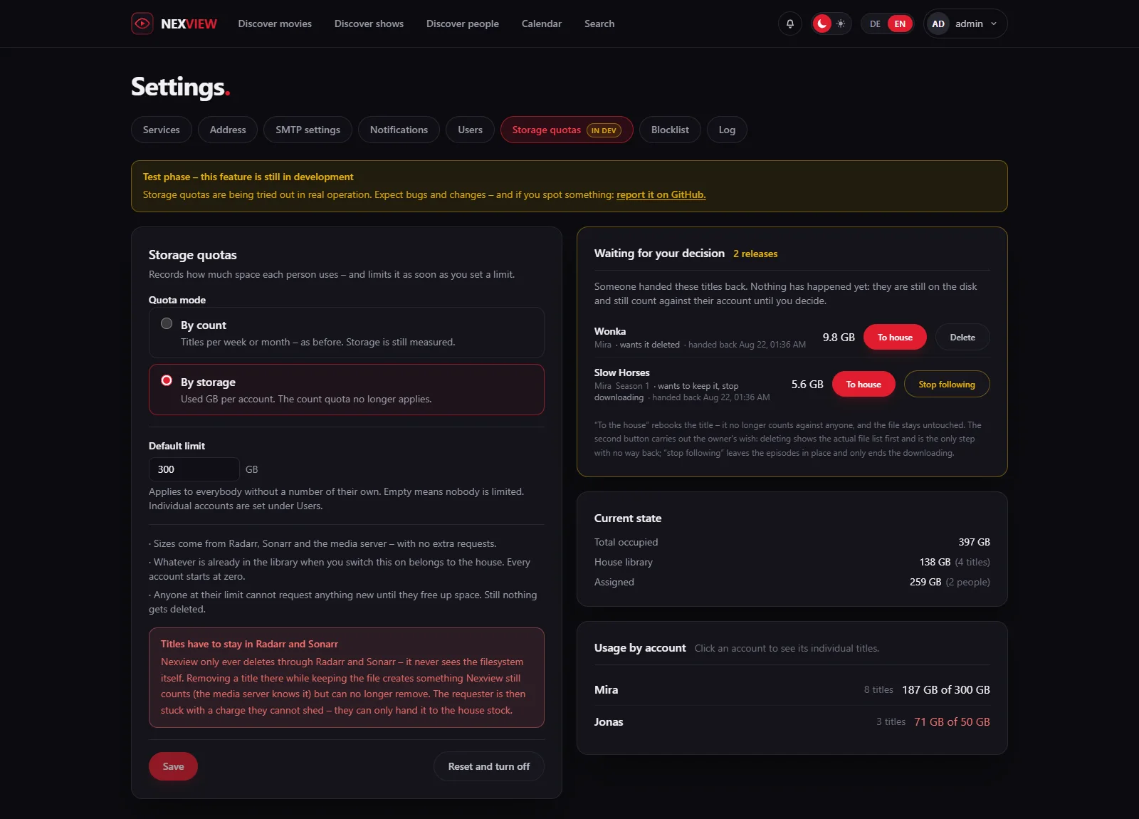 Screenshot: the storage settings with the test-phase notice, the choice between by count and by storage, the default limit, and the queue of pending hand-backs on the right