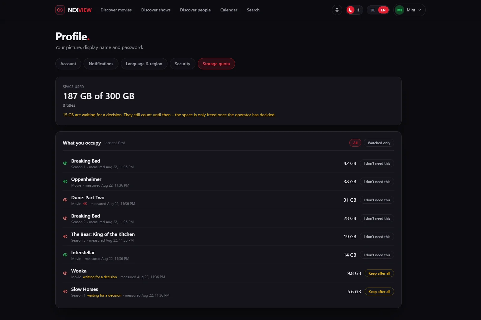 Screenshot: the storage quota tab in the profile — occupied space against the limit at the top, below it the own titles sorted by size, each with an eye icon and the button I don't need this