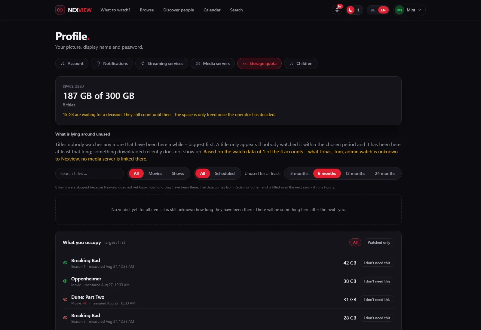 The tab “Storage quota” in Mira’s profile: 187 GB of 300 GB used, a note that 15 GB are waiting for a decision, and below it the list of titles with size, an eye for watched and the button “I don't need this”.