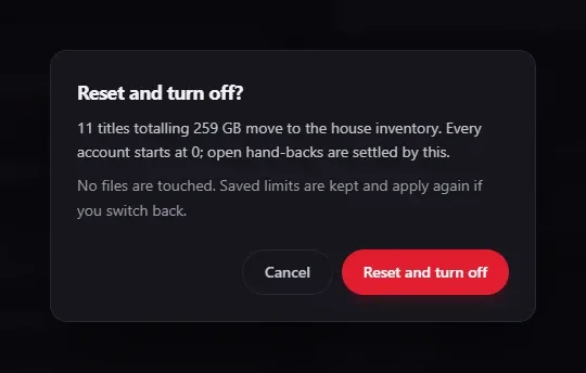 Screenshot: the confirmation dialog when switching modes — it states how many titles with how many gigabytes move to the house inventory