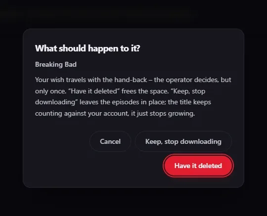 Screenshot: the wish dialog when handing back a season — the choices are Have it deleted and Keep, stop downloading