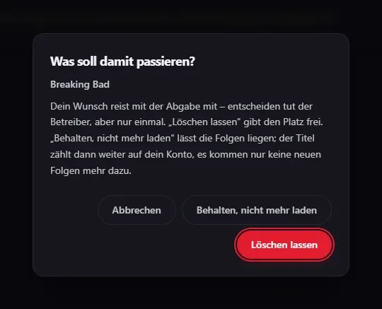 Bildschirmfoto: der Wunsch-Dialog beim Abgeben einer Staffel — zur Wahl stehen „Löschen lassen“ und „Behalten, nicht mehr laden“