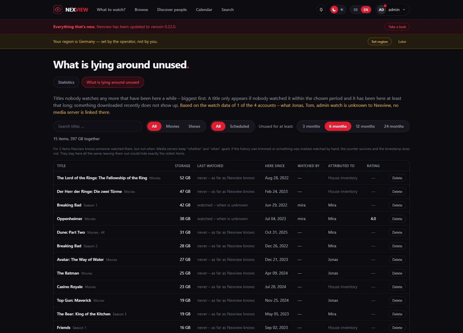 Screenshot: the list of unused titles, biggest first, with size, last watched, how long it has been here, who it is attributed to, and a delete button per row