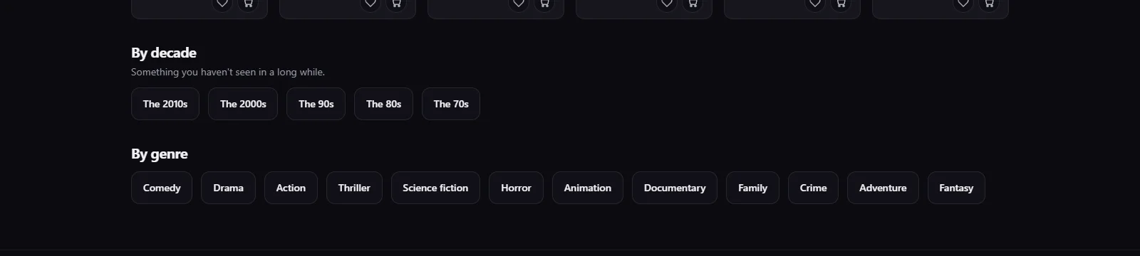 Screenshot: the cards at the end of the Browse page — the 2010s down to the 70s, and twelve genres below them