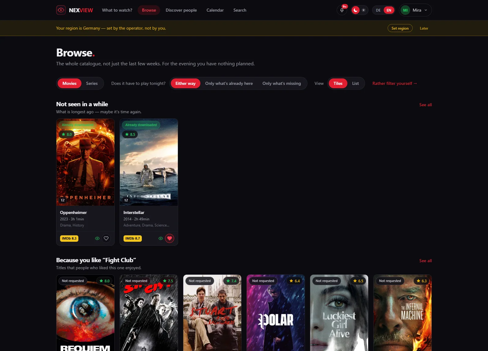 Screenshot: the head of the Browse page with the three questions and, below them, the personal rows “Not seen in a long time” and “Because you like Fight Club”