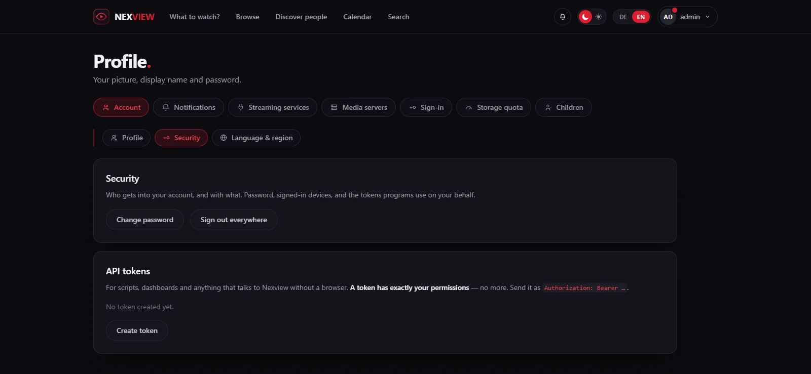 Bildschirmfoto: der Reiter Sicherheit im eigenen Profil mit dem Abschnitt API-Token und dem Knopf „Token anlegen“