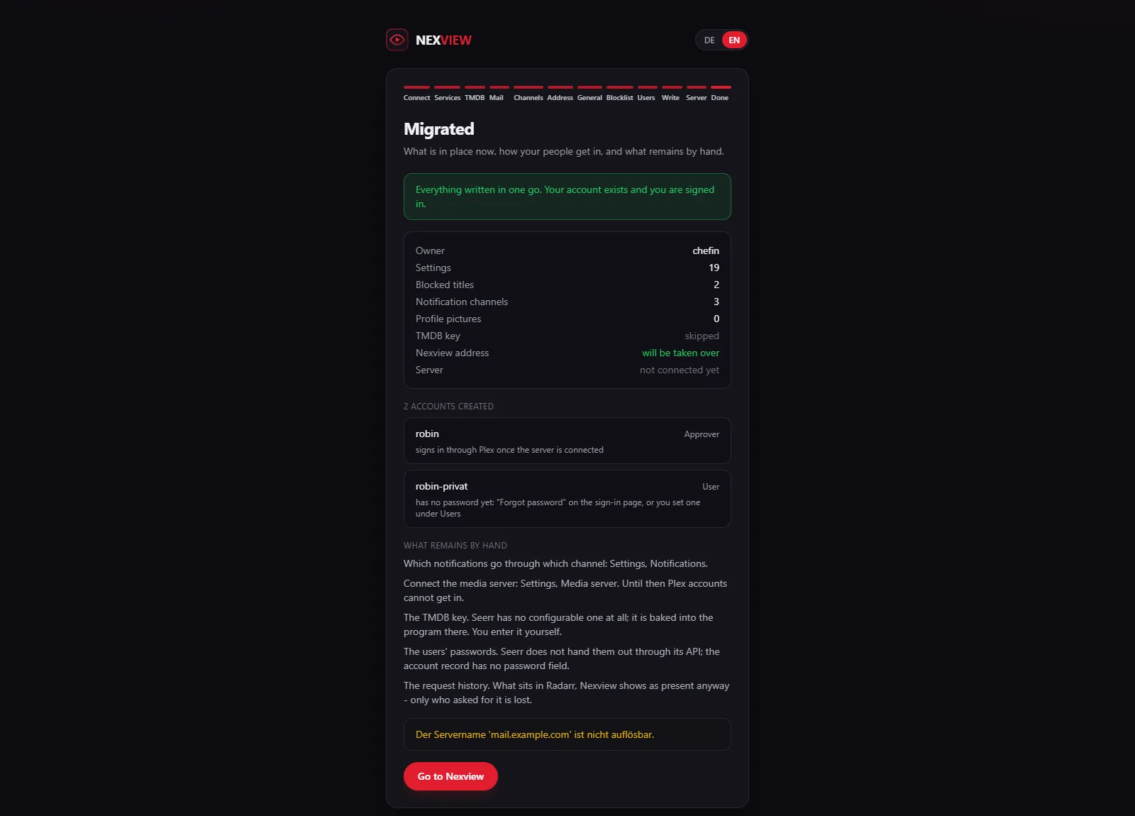 The report “Migrated” with the figures for owner, settings, blocked titles and notification channels, two created accounts with role and the way in, and the section “What remains by hand”.
