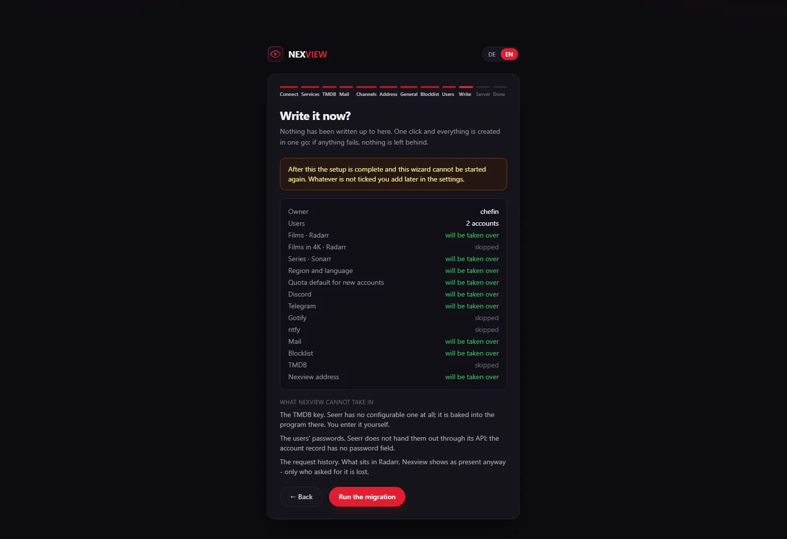 The step “Write it now?” with the note that the setup is complete afterwards, a table of which areas are taken over or skipped, the section “What Nexview cannot take in” and the button “Run the migration”.
