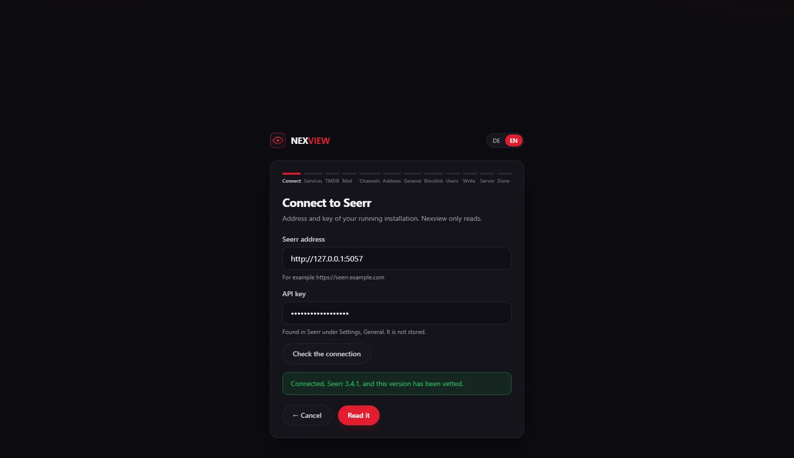 The first step of the migration, “Connect to Seerr”: the fields “Seerr address” and “API key”, the green message that Seerr 3.4.1 is connected and the version vetted, and the buttons “Cancel” and “Read it”. The twelve steps of the bar are at the top.